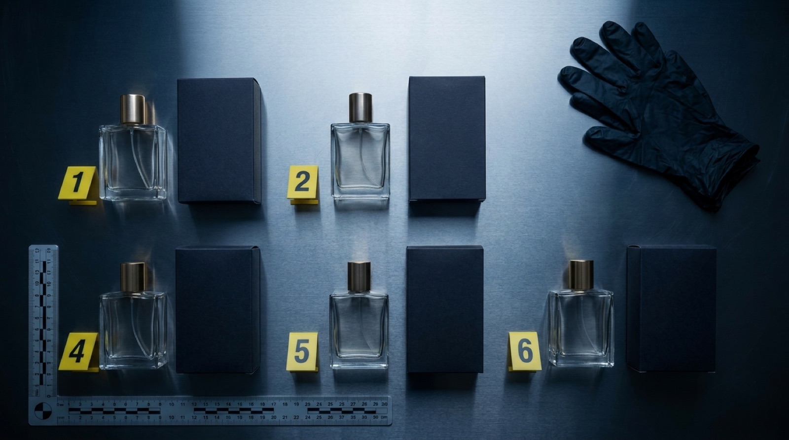 Sei flaconi di profumo e le rispettive scatole disposti su un banco d'acciaio con segnalini numerati e riga metrica.